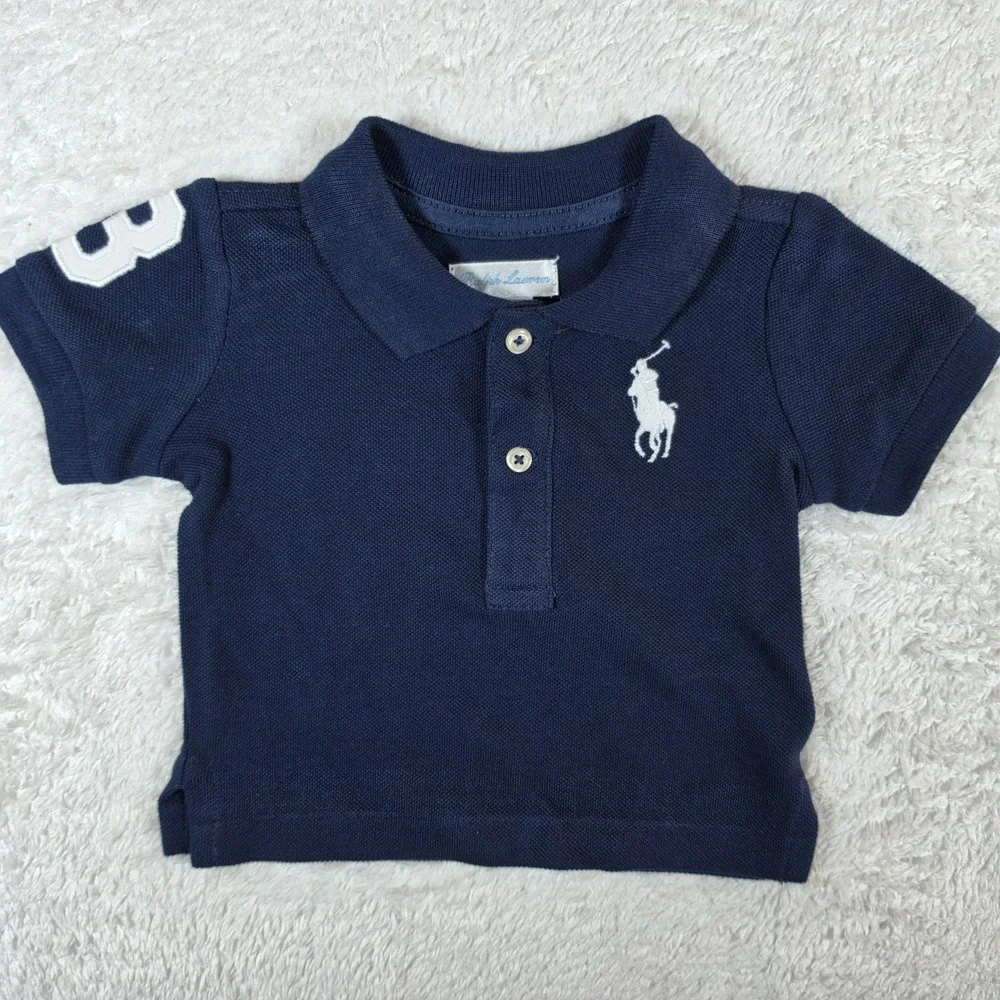 Ralph Lauren Big Pony Baby Boy 3M Navy Blue s/s Cotton Piqué Button up Shirt